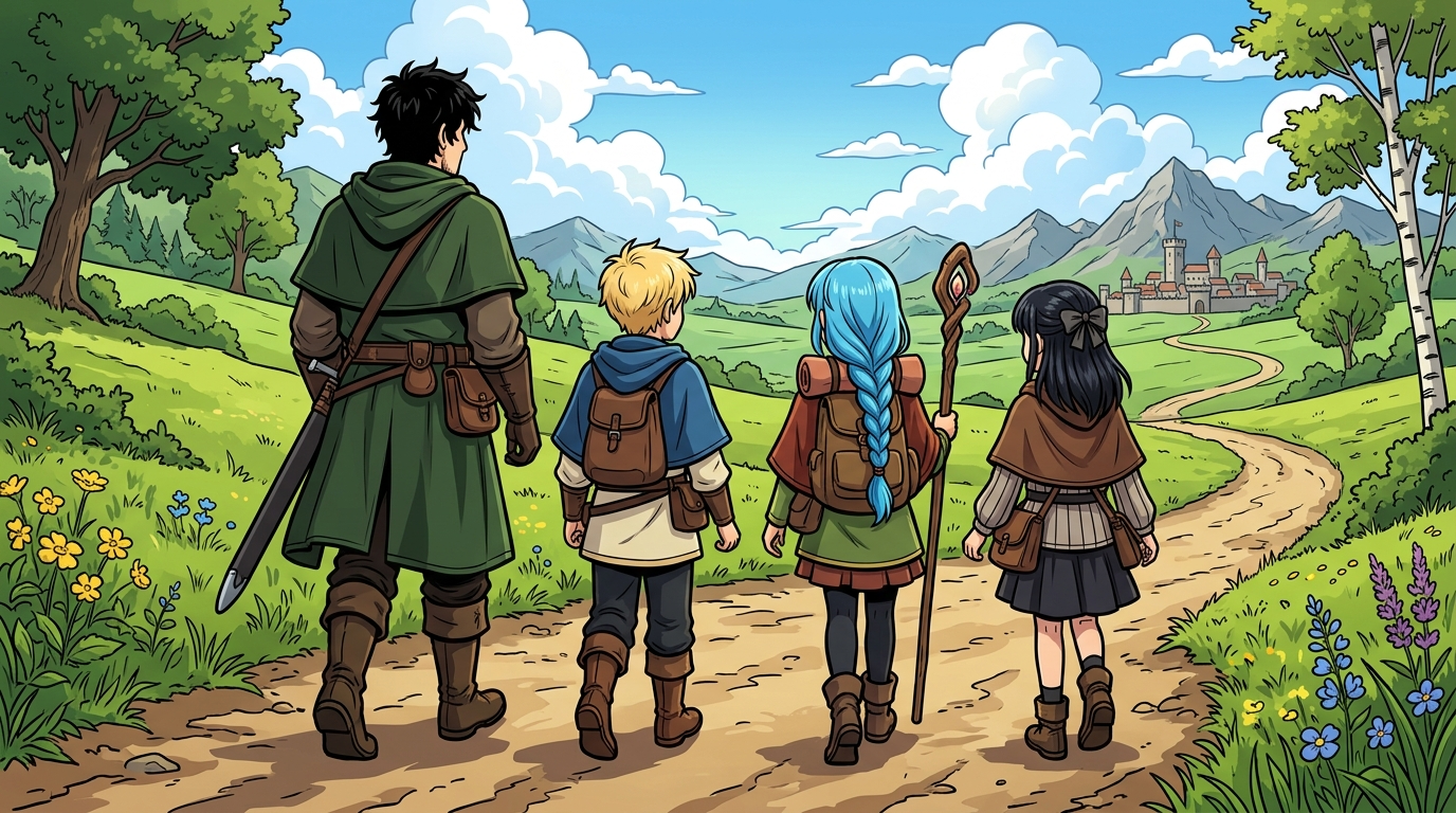 黒髪の父親と3人の子どもたちが青空の下を旅するアニメ風イラスト