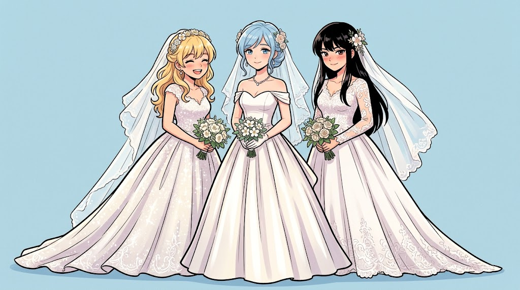 ウェディングドレス姿の金髪・青髪・黒髪の3人の女性のアニメ風イラスト