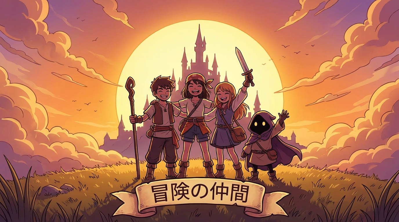 冒険の旅を終えた仲間たちが夕焼けの丘でガッツポーズをしているイラスト