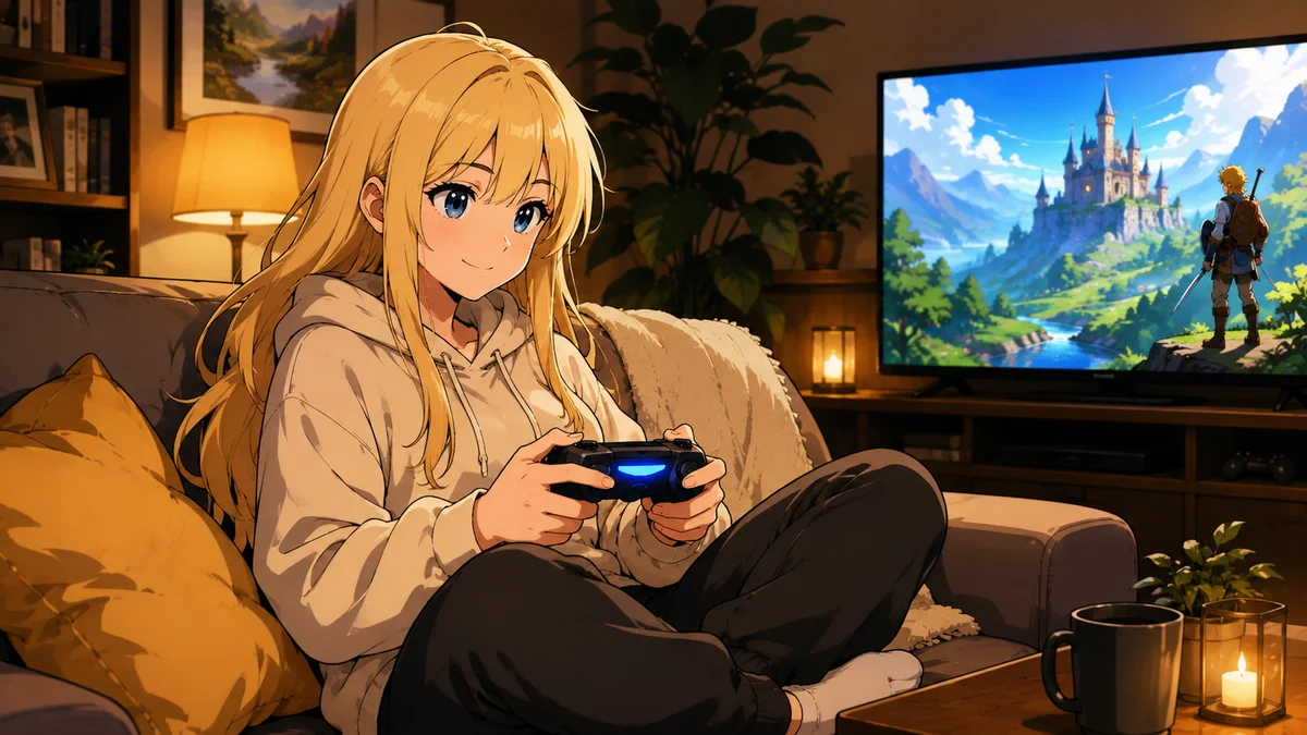 ソロでのんびりゲームを楽しむ女性