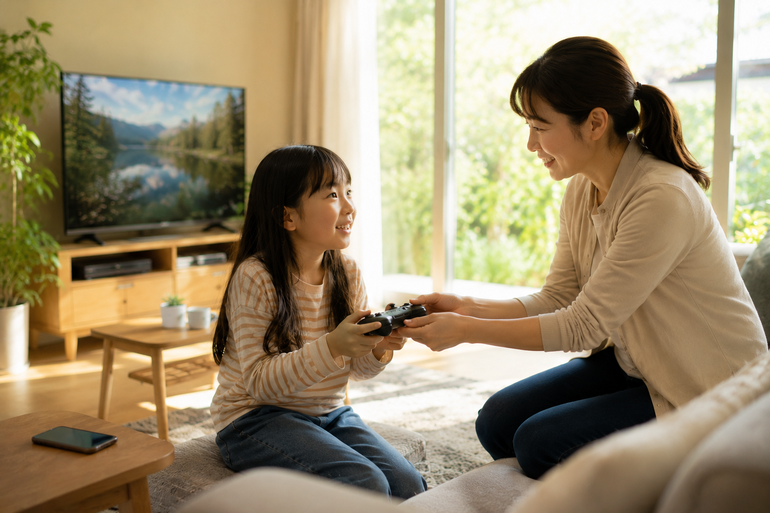 コンソールゲームを子供に手渡す親